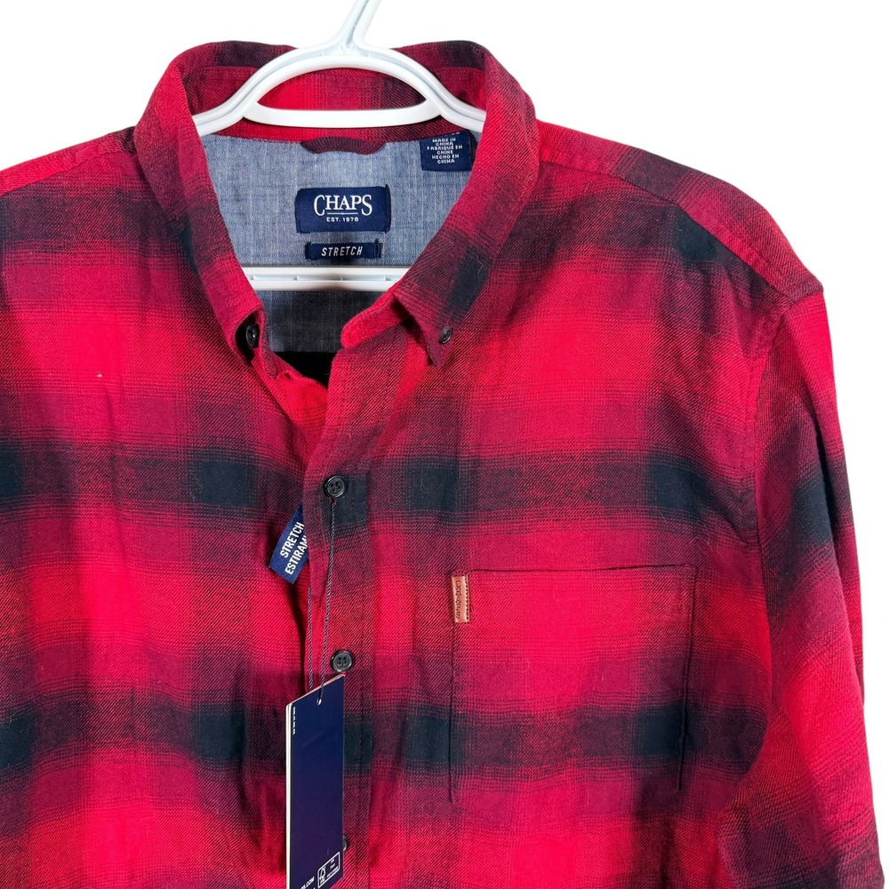 Chaps Flannel Shirt Mens XL Red Black‎ Buffalo Plaid Stretch Button Down NEW